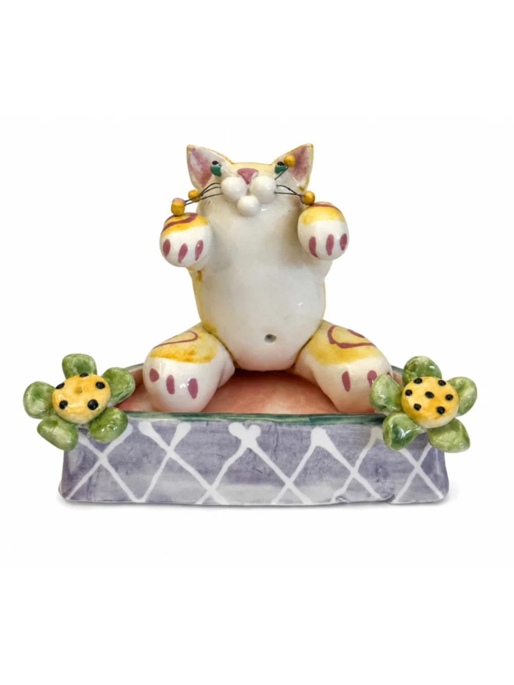 Vintage 1998 Lacombe Ceramic Cat Trinket Dish Whimsical Folk Art Decor